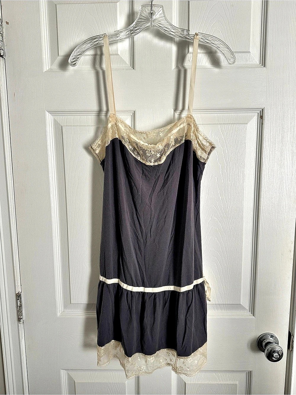 Victoria's Secret Charcoal Gray Satin & Black Lace Chemise